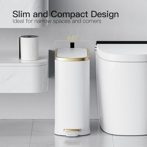 Small Bathroom Trash Can with Lid 10L/2.6 Gal Slim Design Soft Close White