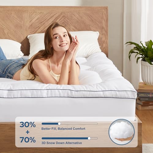 King Mattress Topper - White Thick Pillow Top Bed Cover, Soft Cooling Bedding