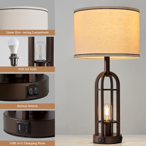 SRJJA 24-Inch Farmhouse Table Lamps Set of 2 with USB-A+C & 2-Button Switch - Bronze Variation