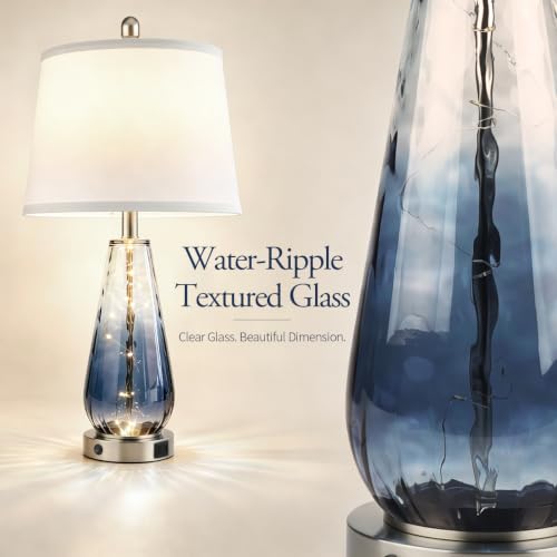 Set of 2 Blue Water-Ripple Glass Table Lamps - 27 Inch Coastal Modern Lighting Variation