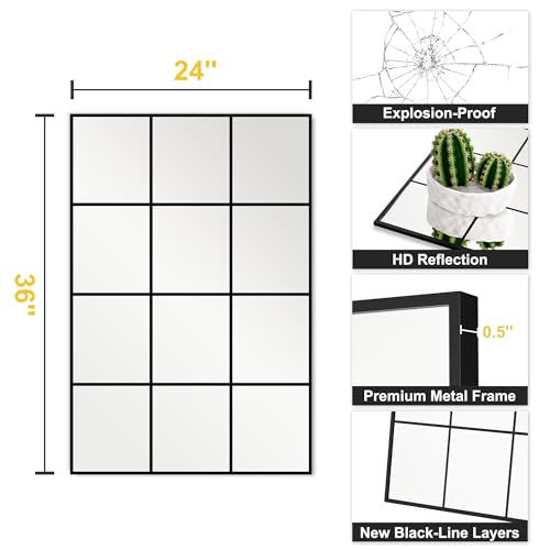 LAWADA 24x36 Black Window Pane Wall Mirror - Modern Rectangular Decor with Grid Design