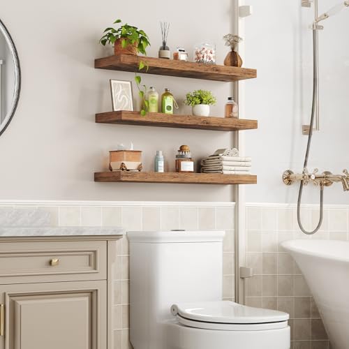 RALGEND Rustic Brown 31.5 Inch Wall Floating Shelves Set of 3 with Invisible Brackets