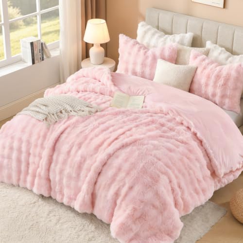 Pink Faux Rabbit Fur Comforter Set - 3 Piece Cozy Bedding