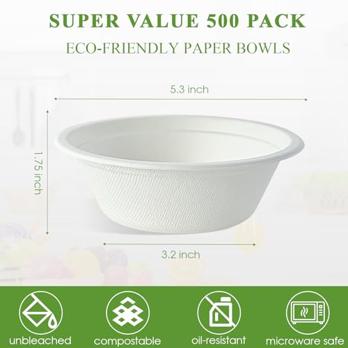 White Compostable 12 oz Bagasse Paper Bowls Bulk - 500 Pack