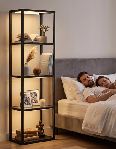 PARTPHONER Dimmable Glass Display Shelf Floor Lamp with Remote Control, 3 Color Temps, Black