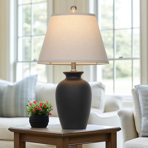 Black Ceramic Farmhouse Table Lamp - 22 Inch Rustic Ginger Jar Accent Light