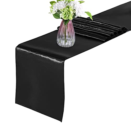 6 Pack Black Satin Table Runner 12x108 in with Scalloped Edges - HMQIANG