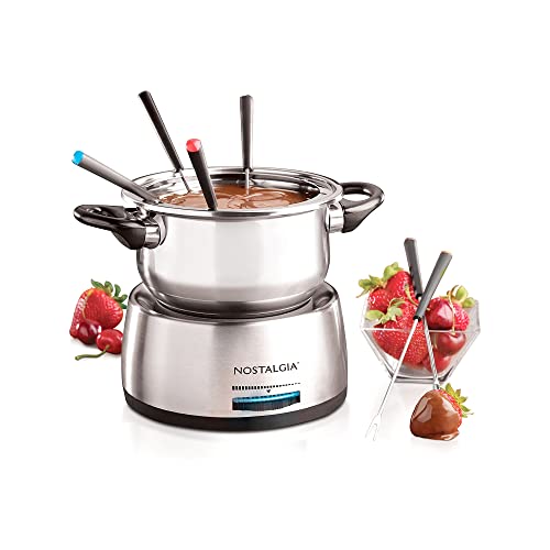 Electric Fondue Pot 1.5 Quart Stainless Steel with Temperature Control & 6 Color Forks - Perfect for Chocolate & Cheese - Variation: Stainless