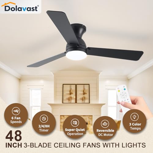 Black 48 Inch Low Profile Ceiling Fan with Light and Remote – Reversible, Dimmable LED, Flush Mount