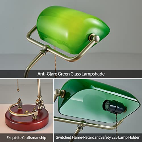 NUSRAN Green Glass Bankers Desk Lamp with Solid Birch Wood Base and Pull Chain Switch