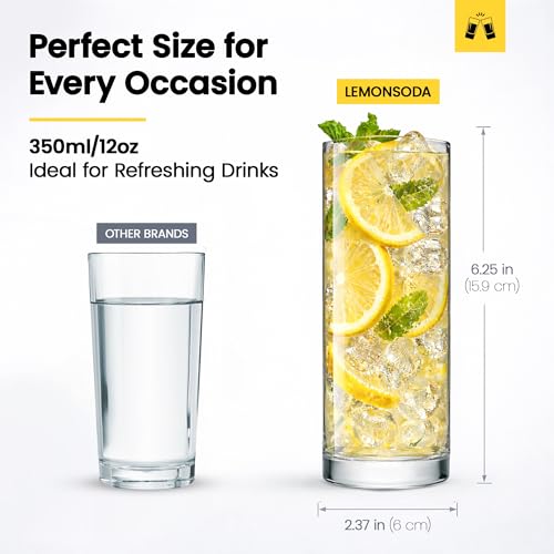 LEMONSODA Premium 12oz Highball Glass Set of 12 - Elegant Cocktail & Water Glasses