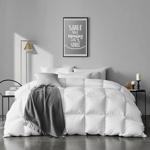Queen Size Feather Down Comforter - Organic Cotton Cover All Seasons Medium Warm Ivory White Variation