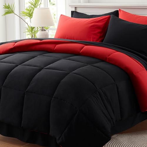 Anluoer Queen Comforter Set 7 Pieces, Reversible Black & Red Grid Bed in a Bag