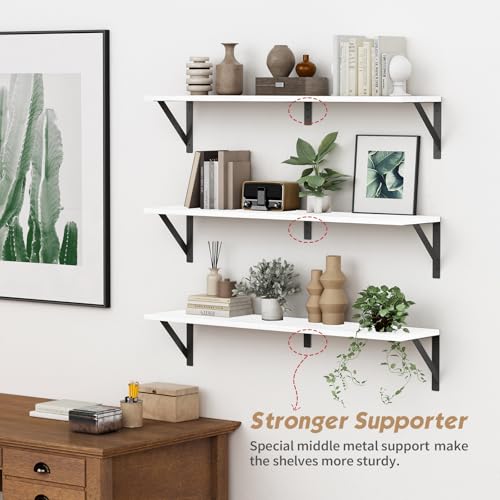White Floating Wall Shelf - 36 x 8 Inches Rustic Wooden Book Storage with Metal Brackets