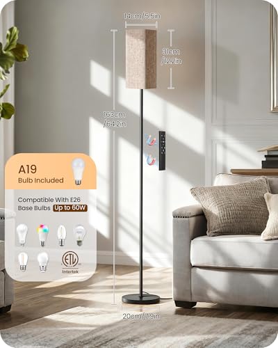 Dimmable Floor Lamp with Remote & Foot Switch - Black & Beige, 64.2 Inch Modern Corner Standing Lamp with 10W Bulb