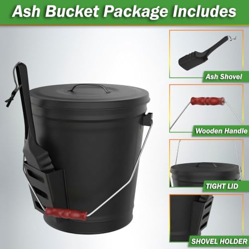 4.75-Gallon Metal Ash Bucket with Lid & Shovel – Fireplace & Wood Stove Accessory