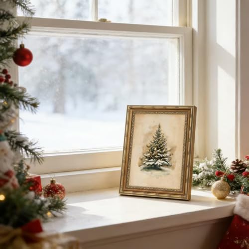 Framed Vintage Christmas Tree Canvas Wall Art 16" x 12" - Farmhouse Rustic Snowy Pine