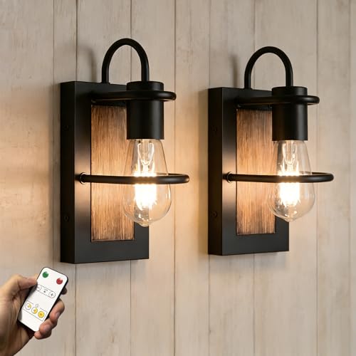 Wireless Battery Operated Wall Sconce Set of 2 with Remote Touch Control - Black Walnut, 3000K, Dimmable, Rechargeable, Magnetic Mount