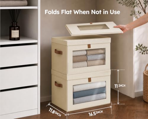 Beige XL 4-Pack Closet Storage Bins with Front Lids - Stackable Organizers