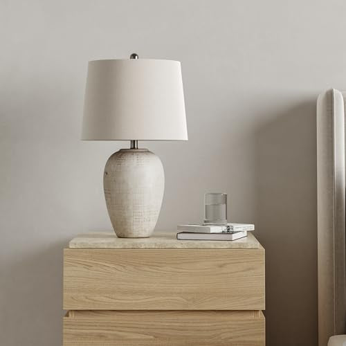 Rustic Ceramic Table Lamp - 23" Distressed Cream/Beige with Ivory Drum Shade - Vintage Style
