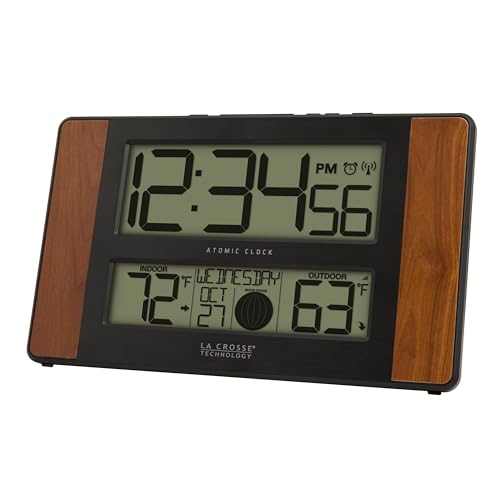 La Crosse Technology Atomic Digital Clock 6.61 x 11.1 inches Cherry Finish with Wireless Temperature Sensor - Brown/Black Variation