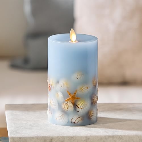 Luminara 6.5 Inch Unscented Flameless Candle with Moving Flame - Coastal Seashell & Starfish Chambray