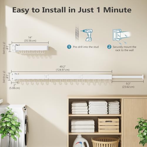 JAUREE Wall Mounted Clothes Drying Rack White - Space-Saving & Foldable Laundry Organizer with 18 Hooks