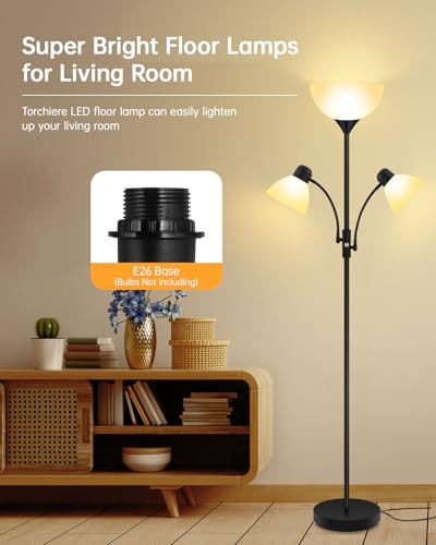 BoostArea Torchiere Floor Lamp with Reading Lights - 71 Inch Black Standing Lamp (NO BULB) - Modern 3-Way Switch