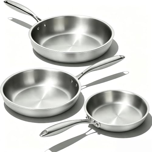 8 10 12 Inch Stainless Steel Frying Pan Set - Fully Clad, Induction Ready, Oven & Dishwasher Safe