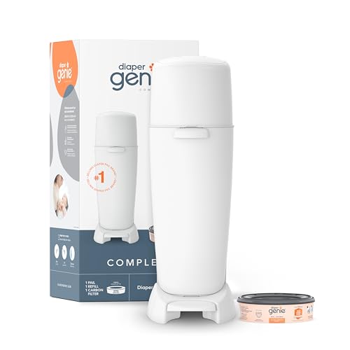 Diaper Genie Complete Diaper Pail White with Refill & Carbon Filter – Odor Lock System, Hands-Free Operation