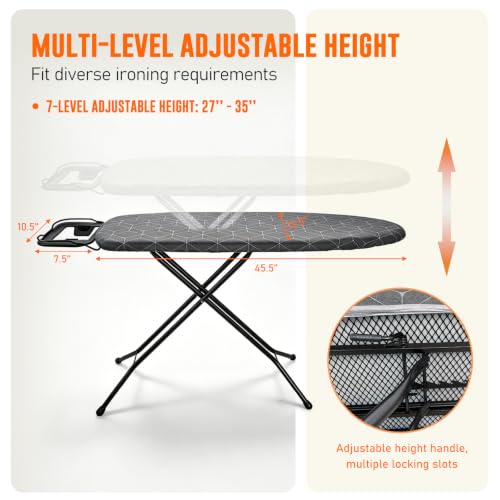 Full Size Foldable Ironing Board with Adjustable Height & Iron Rest - Gray Steel Mesh Surface