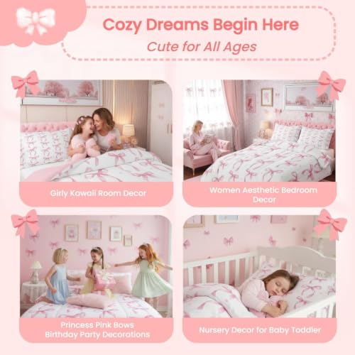 Pink Bow Queen Comforter Set with Pillowcases - Reversible Bedroom Bedding, Girl Kids Teen Decor, White Variation