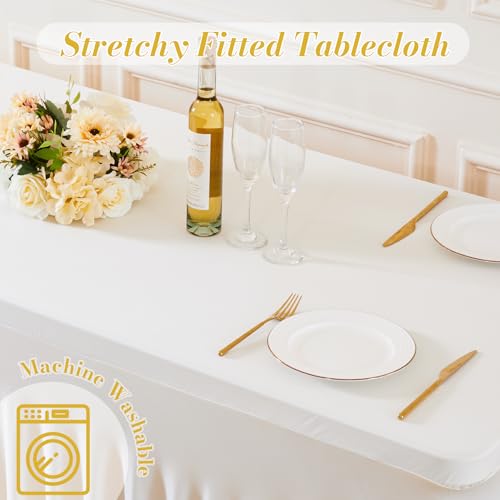 Gogoparti 2 Pack Ivory Stretch Fitted Tablecloth for 6ft Rectangular Tables - Wrinkle-Free Banquet & Wedding Cover
