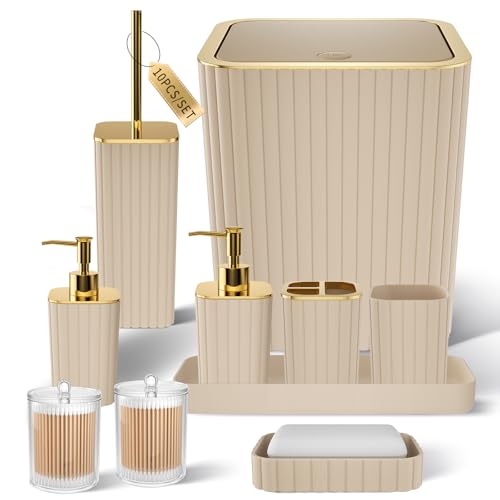 Beige & Gold Bathroom Accessories Set - 10 Piece Plastic Bath Set with Soap Dispenser and Tumbler