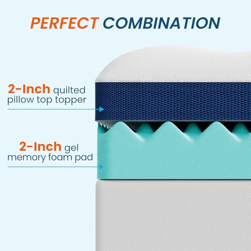 Zalmureta 4-Inch Dual Layer Queen Memory Foam Mattress Topper with Cooling Gel & Deep Pocket Fit, Blue