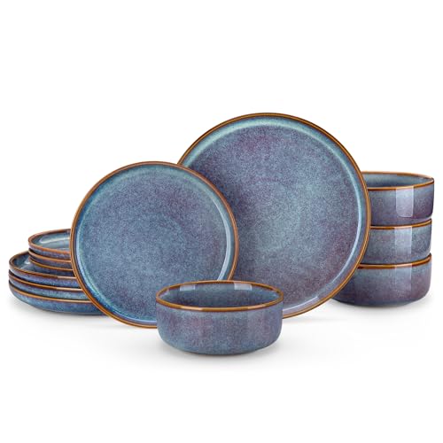 Grey Blue 12-Piece Dinnerware Set for 4 - Plates & Bowls with Reactive Glaze