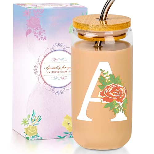 Personalized 16 Oz Glass Cup with Lid & Straw - Color-Changing Initial Gift (A-16OZ SENTVEND)