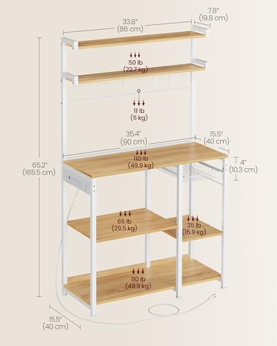 VASAGLE Kitchen Baker's Rack with Power Outlet, 35.4W x 65.2H, Golden Oak + Cloud White