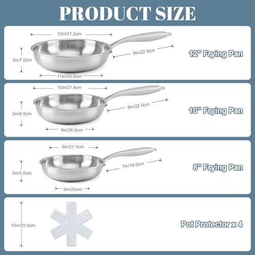 8/10/12 Inch Tri-Ply Stainless Steel Frying Pan Set Non-Stick Cookware
