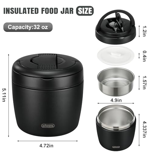 Wiwens 32oz Thermo Food Jar Black - Insulated Leakproof Soup Bento Container with Spoon