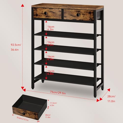 IBUYKE 5-Tier Shoe Rack with 2 Fabric Drawers - Rustic Brown, Fabric Variation