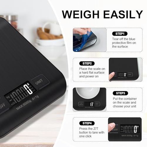 Food Scale, 11lb Kitchen Scale with 6 Units Tare Function & LCD Display, 0.05oz/1g Stainless Steel Digital Food Scale Grams and Ounces for Baking, Cooking, Dieting and Meal Prep (Black)