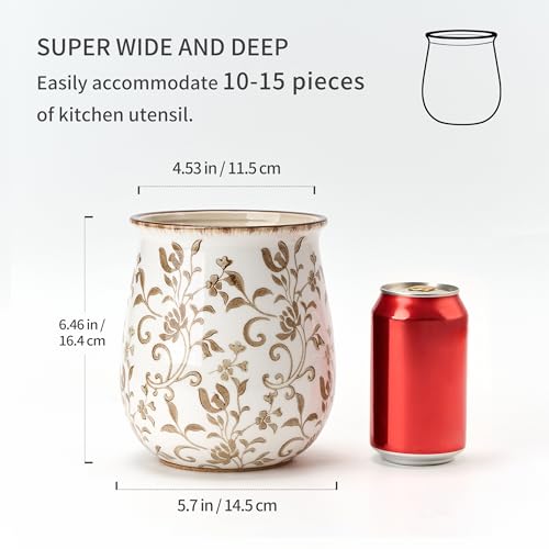 Jemirry Ceramic Utensil Holder for Kitchen Counter with Brown Flower Patterns - Farmhouse Decor