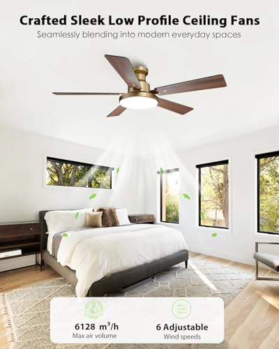 Golden 52 Inch Low Profile Ceiling Fan with Lights & Remote - Modern Gold & Wood Design