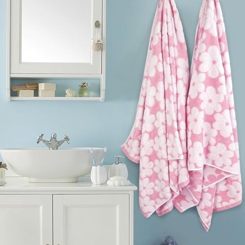 Pink Cotton Bath Towels Set of 2 - 27.5x55 Inches, Super Absorbent & Decorative
