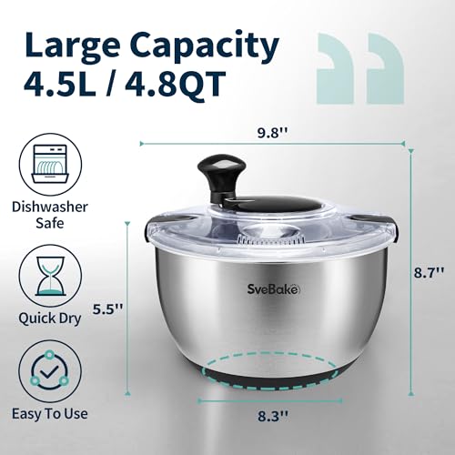 SveBake Stainless Steel Salad Spinner with Transparent Lid – Quick Dry Vegetables & Greens