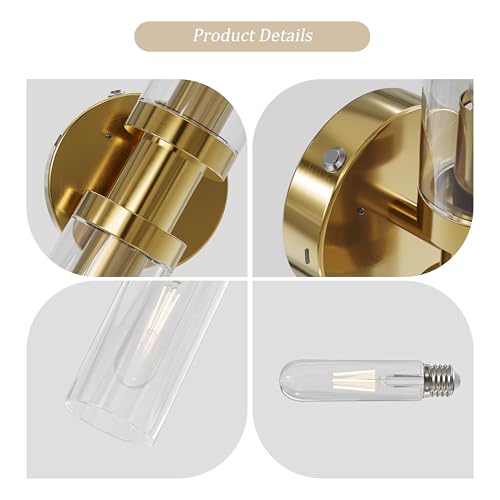 Rayogale 16.5 Inch Gold Battery-Operated Wall Sconces with Clear Lampshades, 2 Pack