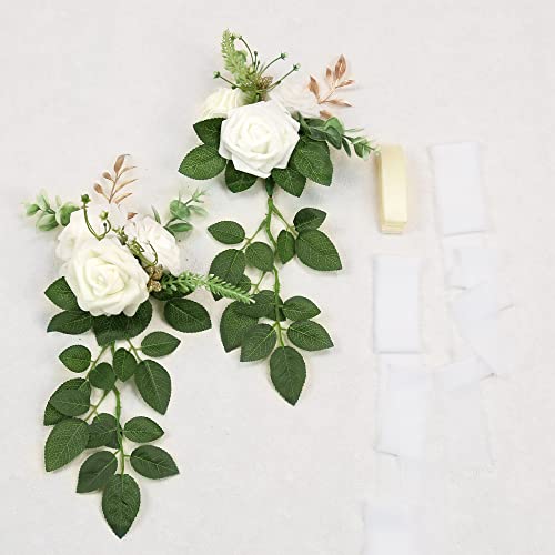 White Wedding Aisle Decorations Set of 10 - Artificial Chair Flowers & Ribbons