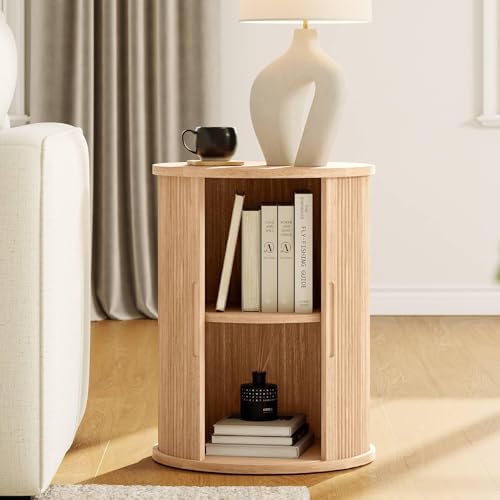 Oak Round End Table with Fluted Panel and Sliding Door - Mid Century Modern Boho Nightstand