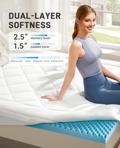 PERLECARE Full Size Mattress Topper 4 Inch Dual Layer Cooling Gel Memory Foam with Pillow Cover